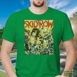 Skid Row B Side Ourselves 1992 Album Cover Inspired Black Shirt 3 Men's Skid Row B Side Ourselves 1992 Album Cover Inspired Black T Shirt In Irish Green, Front View On Light Wood Background