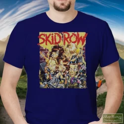 Skid Row B Side Ourselves 1992 Album Cover Inspired Black Shirt 6 Men's Skid Row B Side Ourselves 1992 Album Cover Inspired Black T Shirt In Navy, Front View On Light Wood Background