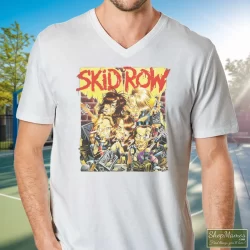 Skid Row B Side Ourselves 1992 Album Cover Inspired Black Shirt 2 Men's Skid Row B Side Ourselves 1992 Album Cover Inspired Black V Neck In White, Front View On Dark Wood Background