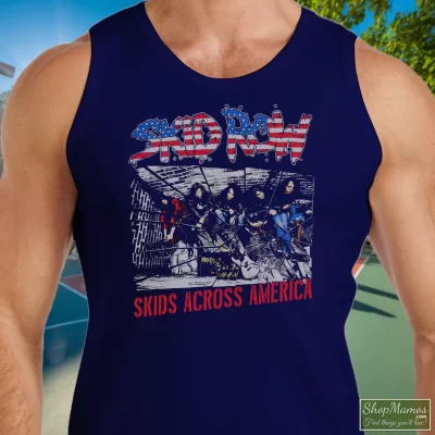 Men's Skid Row Concert Skids Across America 1989 Tank Top In Navy, Front View On Light Wood Background