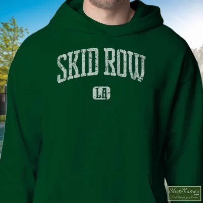 Men's Skid Row Los Angeles Hoodie In Forest Green, Front View On Light Wood Background