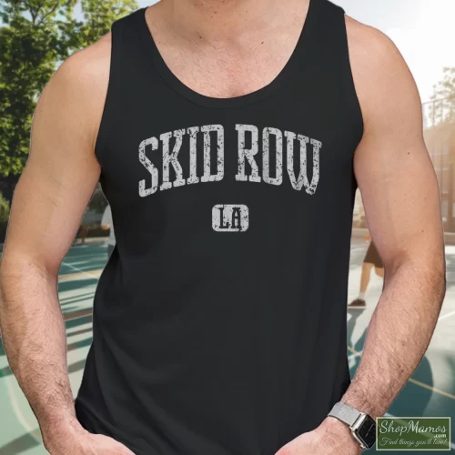 Skid Row Los Angeles Men’s Tank Top – Black Front View On Light Wood Background Men's Skid Row Los Angeles Tank Top In Black, Front View On Light Wood Background