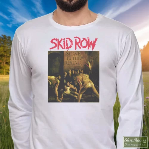 Skid Row Slave To The Grind Men’s Long Sleeve – White Front View On Dark Wood Background Men's Skid Row Slave To The Grind Long Sleeve In White, Front View On Dark Wood Background