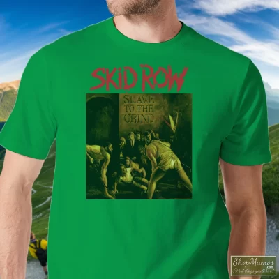 Men's Skid Row Slave To The Grind T Shirt In Irish Green, Front View On Light Wood Background