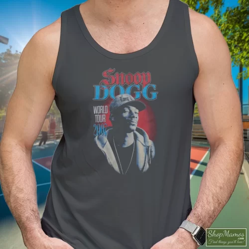 Snoop Dogg 2007 World Tour Men’s Tank Top – Charcoal Front View On Dark Wood Background Men's Snoop Dogg 2007 World Tour Tank Top In Charcoal, Front View On Dark Wood Background