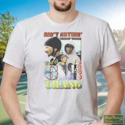 Men's Snoop Dogg Ain't Nuthin But A G Thang T Shirt In White, Front View On Dark Wood Background