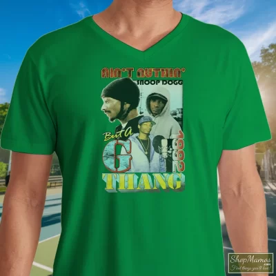 Men's Snoop Dogg Ain't Nuthin But A G Thang V Neck In Irish Green, Front View On Light Wood Background