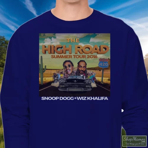Snoop Dogg And Wiz Khalifa The Hight Road Summer Tour 2016 For Fans Men’s Long Sleeve – Navy Front View On Light Wood Background Men's Snoop Dogg And Wiz Khalifa The Hight Road Summer Tour 2016 For Fans Long Sleeve In Navy, Front View On Light Wood Background