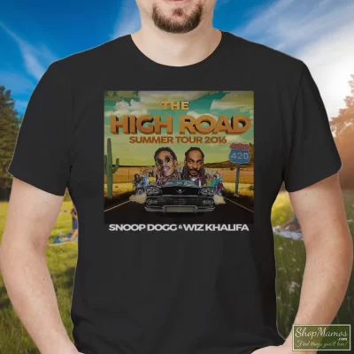 Men's Snoop Dogg And Wiz Khalifa The Hight Road Summer Tour 2016 For Fans T Shirt In Black, Front View On Light Wood Background