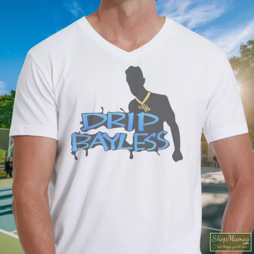 Snoop Dogg Drip Bayless Men’s V Neck – White Front View On Dark Wood Background Men's Snoop Dogg Drip Bayless V Neck In White, Front View On Dark Wood Background