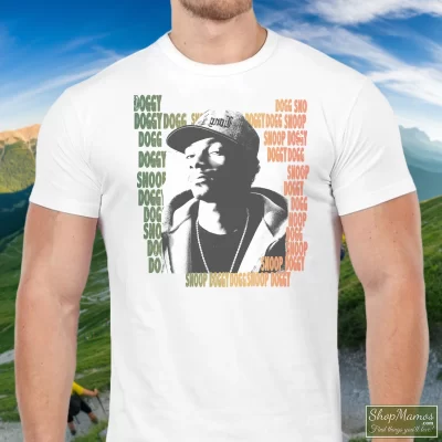 Men's Snoop Dogg In Dirty T Shirt In White, Front View On Dark Wood Background