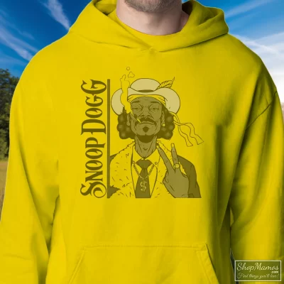 Men's Snoop Dogg Smoke Weed Everyday Hoodie In Yellow, Front View On Dark Wood Background