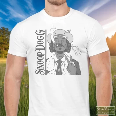 Men's Snoop Dogg Smoke Weed Everyday T Shirt In White, Front View On Dark Wood Background