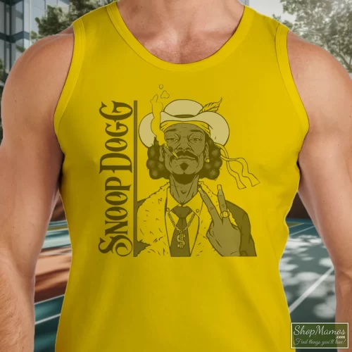 Snoop Dogg Smoke Weed Everyday Men’s Tank Top – Yellow Front View On Dark Wood Background Men's Snoop Dogg Smoke Weed Everyday Tank Top In Yellow, Front View On Dark Wood Background