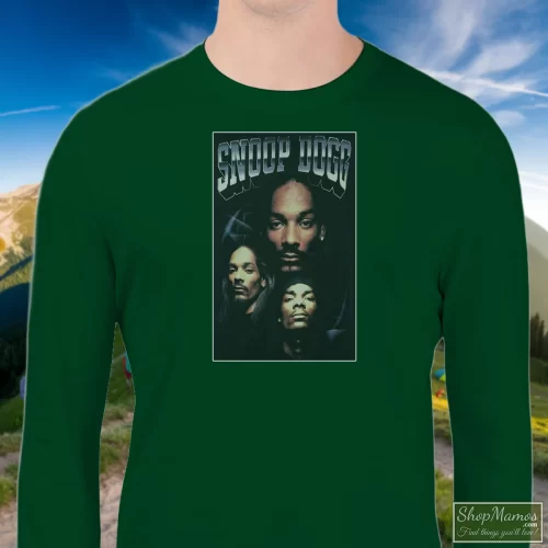 Snoop Dogg For Rap And Hip Hop Fans Men’s Sweatshirt – Forest Green Front View On Light Wood Background Men's Snoop Dogg For Rap And Hip Hop Fans Sweatshirt In Forest Green, Front View On Light Wood Background