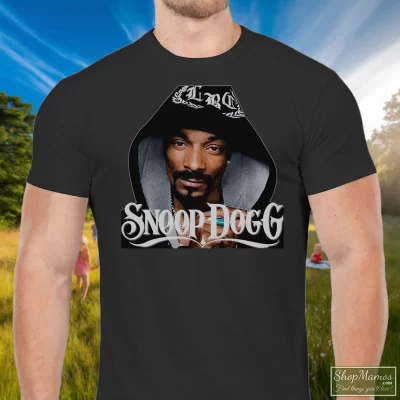 Men's Snoop Dogg T Shirt In Black, Front View On Light Wood Background