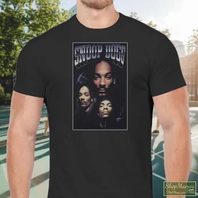 Men's Snoop Dogg For Rap And Hip Hop Fans T Shirt In Black, Front View On Light Wood Background