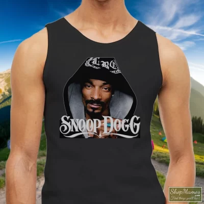 Men's Snoop Dogg Tank Top In Black, Front View On Light Wood Background
