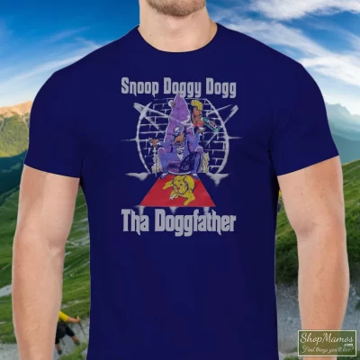 Men's Snoop Dogg Tha Doggfather Rapper For Hip Hop Fans T Shirt In Navy, Front View On Light Wood Background
