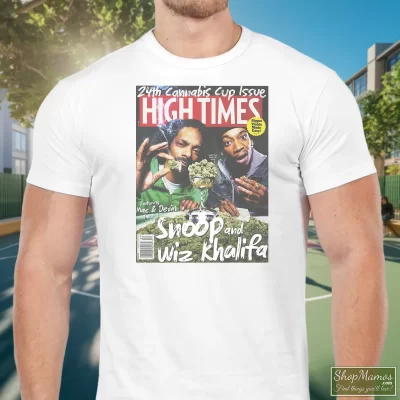 Men's Snoop Dogg Wiz Khalifa Weed Ganja Sativa Indica T Shirt In White, Front View On Dark Wood Background