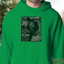 Snoop Doggy Dogg Dr Dre Rolling Stones Cover Collection 90s Shirt 4 Men's Snoop Doggy Dogg Dr Dre Rolling Stones Cover Collection 90s Hoodie In Irish Green, Front View On Light Wood Background