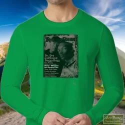 Snoop Doggy Dogg Dr Dre Rolling Stones Cover Collection 90s Shirt 9 Men's Snoop Doggy Dogg Dr Dre Rolling Stones Cover Collection 90s Long Sleeve In Irish Green, Front View On Light Wood Background