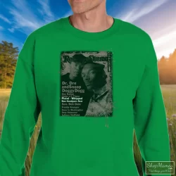 Snoop Doggy Dogg Dr Dre Rolling Stones Cover Collection 90s Shirt 2 Men's Snoop Doggy Dogg Dr Dre Rolling Stones Cover Collection 90s Sweatshirt In Irish Green, Front View On Light Wood Background