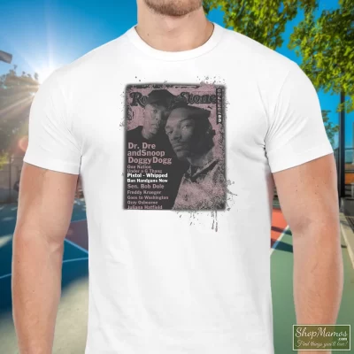 Men's Snoop Doggy Dogg Dr Dre Rolling Stones Cover Collection 90s T Shirt In White, Front View On Dark Wood Background