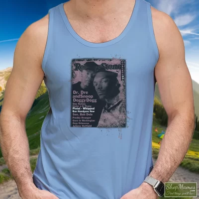 Men's Snoop Doggy Dogg Dr Dre Rolling Stones Cover Collection 90s Tank Top In Light Blue, Front View On Dark Wood Background