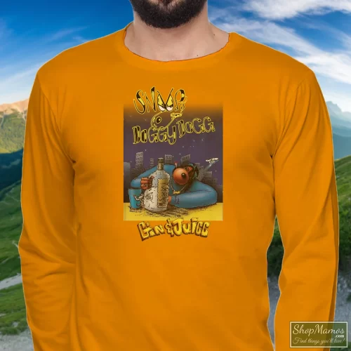 Snoop Doggy Dogg Gin Juice Men’s Long Sleeve – Orange Front View On Dark Wood Background Men's Snoop Doggy Dogg Gin Juice Long Sleeve In Orange, Front View On Dark Wood Background