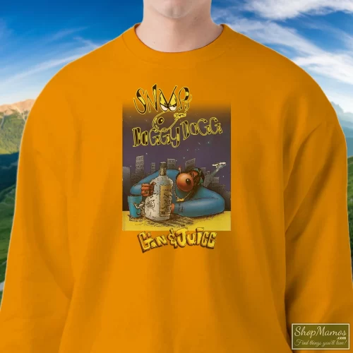 Snoop Doggy Dogg Gin Juice Men’s Sweatshirt – Orange Front View On Dark Wood Background Men's Snoop Doggy Dogg Gin Juice Sweatshirt In Orange, Front View On Dark Wood Background