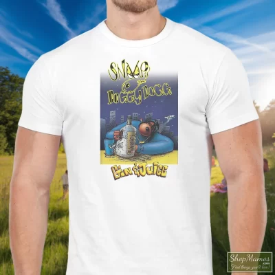 Men's Snoop Doggy Dogg Gin Juice T Shirt In White, Front View On Dark Wood Background