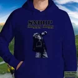 Snoop Doggy Dogg Shirt 4 Men's Snoop Doggy Dogg Hoodie In Navy, Front View On Light Wood Background