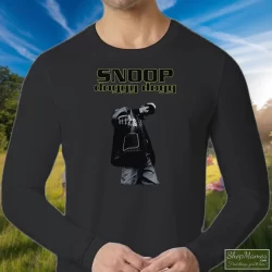 Snoop Doggy Dogg Shirt 5 Men's Snoop Doggy Dogg Long Sleeve In Black, Front View On Light Wood Background