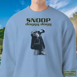Snoop Doggy Dogg Shirt 10 Men's Snoop Doggy Dogg Sweatshirt In Light Blue, Front View On Dark Wood Background