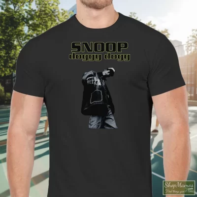Men's Snoop Doggy Dogg T Shirt In Black, Front View On Light Wood Background