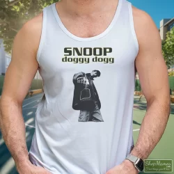 Snoop Doggy Dogg Shirt 6 Men's Snoop Doggy Dogg Tank Top In White, Front View On Dark Wood Background