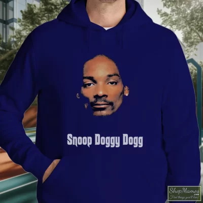 Men's Snoop Doggy Dogg Tha Doggfather 1996 Death Row Records Hoodie In Navy, Front View On Light Wood Background