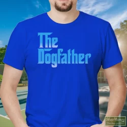 Snoop Doggy Dogg The Dogfather Promo Album Godfather Shirt 3 Men's Snoop Doggy Dogg The Dogfather Promo Album Godfather T Shirt In Royal Blue, Front View On Light Wood Background