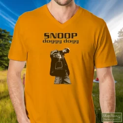 Snoop Doggy Dogg Shirt 3 Men's Snoop Doggy Dogg V Neck In Orange, Front View On Dark Wood Background