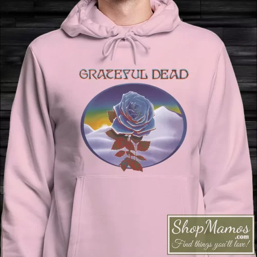 Rare Stanley Mouse Blue Rose Grateful Dead Men’s Hoodie – Light Pink Front View on Dark Wood Background Men's Rare Stanley Mouse Blue Rose Grateful Dead Hoodie in Light Pink, front view on dark wood background