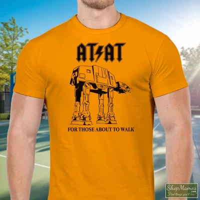 Men's Star Wars At - At For Those About To Walk Music Acdc Inspired T Shirt In Orange, Front View On Dark Wood Background