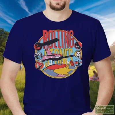 Men's Stones Around The World Teethe Rolling Stones T Shirt In Navy, Front View On Light Wood Background