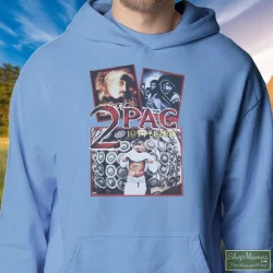 Tupac Shakur 2pac 1971-1996 Shirt 4 Men's Tupac Shakur 2pac 1971 - 1996 Hoodie In Light Blue, Front View On Dark Wood Background