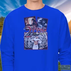Tupac Shakur 2pac 1971-1996 Shirt 7 Men's Tupac Shakur 2pac 1971 - 1996 Long Sleeve In Royal Blue, Front View On Light Wood Background