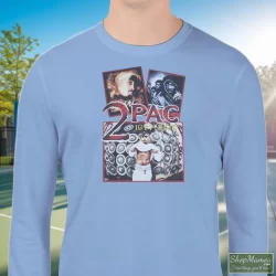 Tupac Shakur 2pac 1971-1996 Shirt 8 Men's Tupac Shakur 2pac 1971 - 1996 Sweatshirt In Light Blue, Front View On Dark Wood Background