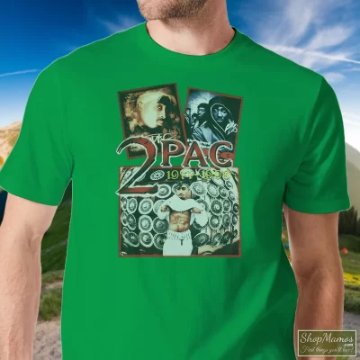 Men's Tupac Shakur 2pac 1971 - 1996 T Shirt In Irish Green, Front View On Light Wood Background