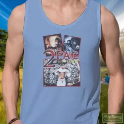 Tupac Shakur 2pac 1971-1996 Shirt 10 Men's Tupac Shakur 2pac 1971 - 1996 Tank Top In Light Blue, Front View On Dark Wood Background