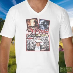 Tupac Shakur 2pac 1971-1996 Shirt 5 Men's Tupac Shakur 2pac 1971 - 1996 V Neck In White, Front View On Dark Wood Background