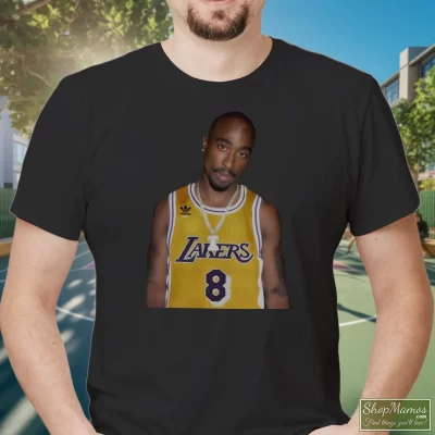 Men's Tupac Shakur 2pac Lakers Los Angeles Nba 90s Rap T Shirt In Black, Front View On Light Wood Background